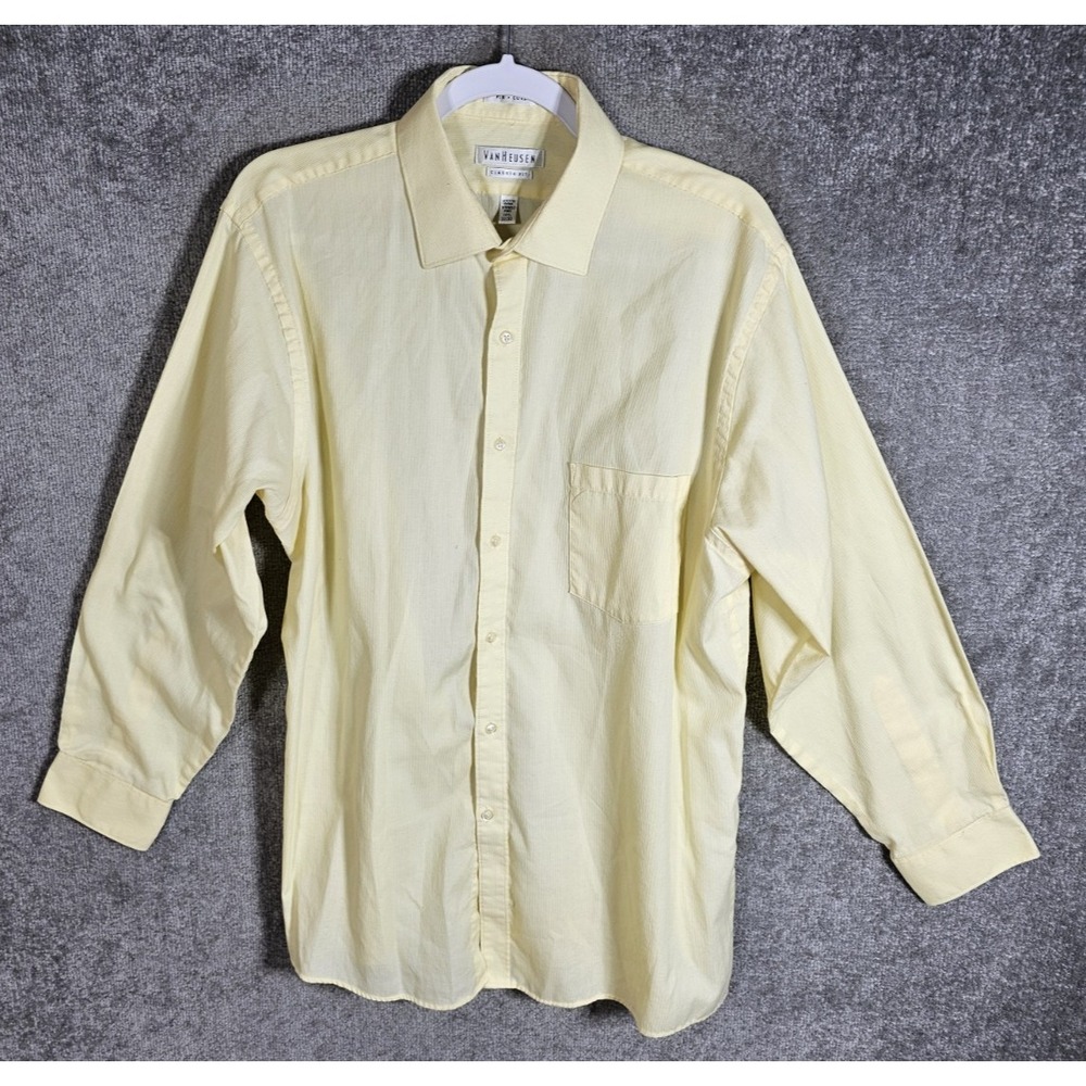 Van Heusen Pin Cord Button Up Dress Shirt Mens Sz 16.5 32/33‎ Yellow Classic Fit